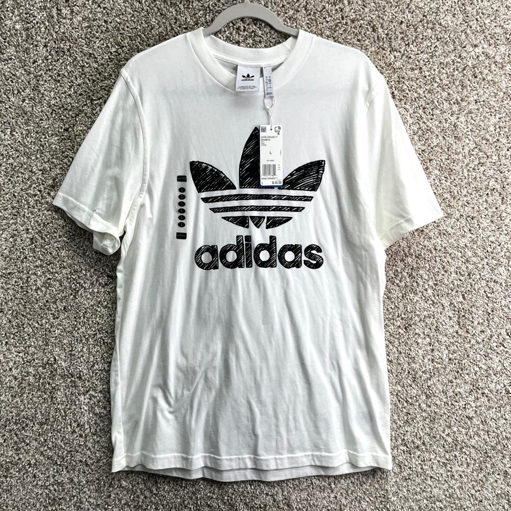 Adidas T-Shirt Men's L Originals White/Black Hand Drawn Logo Short Sleeve NWT